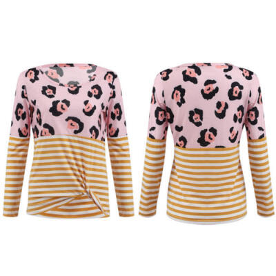 

Womens Long Sleeve Striped Stitching Printed Tops Leopard Blouse Casual T-shirt