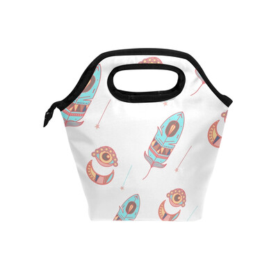 

Lunch Tote Bag Blue Feather Travel Picnic Insulated Lunch Handbags Portable Zipper Lunch Bag Box