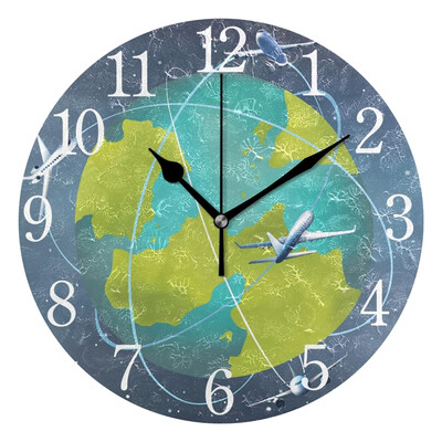 

Wall Clock Arabic Numerals Design Earth Planet With Airplanes Around Round