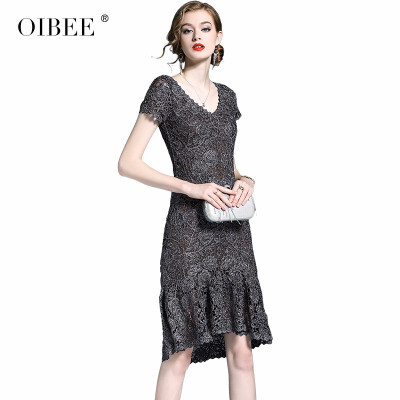 

OIBEE2018 summer womens new fashion V-neck embroidered lace dress Slim was thin black dress skirt