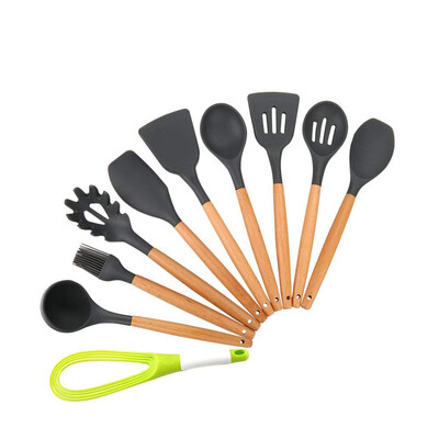 

UpperX 10 pcs Silicone Heat Resistant Kitchen Utensil Set with Hard Wood Handle Non-Stick Easy to Clean BPA Free Soup Spoon