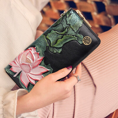 

Pmsix ladies wallet leather printed long wallet national wind zipper multifunction mobile phone wallet P410039 black