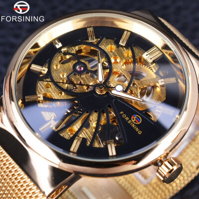 

Forsining Golden Fashion Series Simple Skeleton Design Stainless Steel Open Work Mens Watches Top Brand Luxury Mechanical Watch