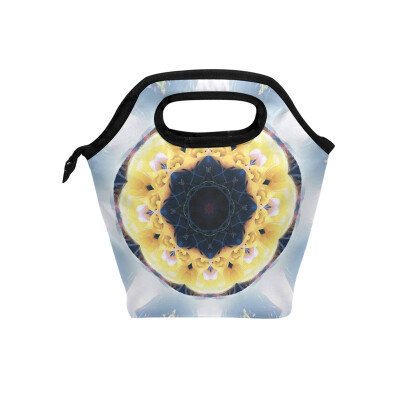 

Lunch Tote Bag Yellow Flower Circle Travel Picnic Insulated Lunch Handbags Portable Zipper Lunch Bag Box