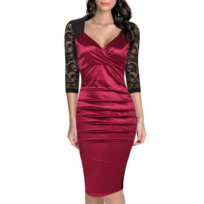 

Europe & America New Stylish Women Sexy Mature Ruffle Vintage V-Neck Lace Patchwork Party Female Pencil Sexy Bodycon Dresses