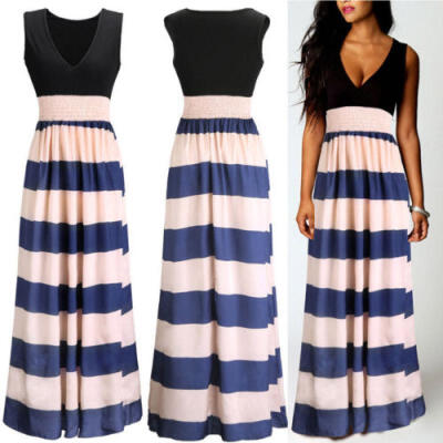 

Women Boho Summer Beach Evening Party Casual Sundress Striped Long Maxi Dress