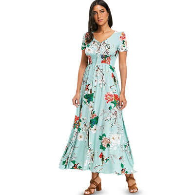 

Shirred Print Maxi Chiffon Dress