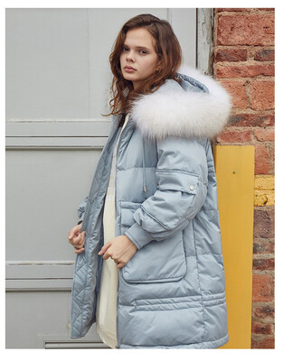 

Tide brand winter new zipper hooded fur collar pocket long paragraph warm down jacket