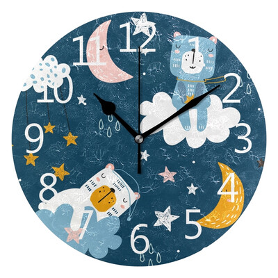 

Wall Clock Arabic Numerals Design Cute Bears On Clouds Moon Stars Round