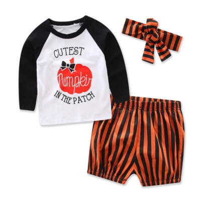 

3PCS Toddler Newborn Baby Girl Cotton Long Sleeve Top Short Pants Outfits Set US