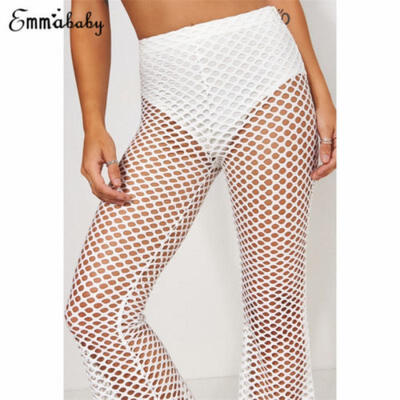 

UK Women Lace High Waist Beach Wide Leg Pants See Through Swimwear Long Trousers