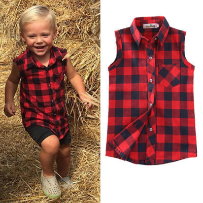 

Cute Sleeveless Checked Vest Shirts Kid Boys Girls Plaids Top T-Shirt Blouse AU