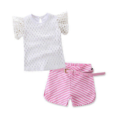 

2PCS Toddler Kids Baby Girl Lace T-shirt Top Striped Short Pants Clothes Set