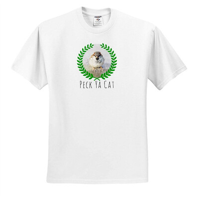 

3dRose Alexis Design - Funny Sparrow - Funny Mean Sparrow Laurel Wreath Peck Ya Cat Text On White - T-Shirts