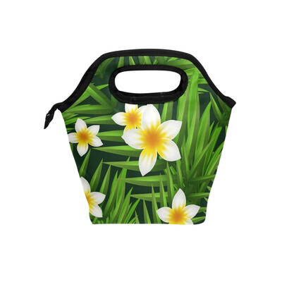 

Lunch Bag Tote Bag White Flower Green Leaves Travel Picnic Organizer Lunch Holder Handbags Lunch Bag Box