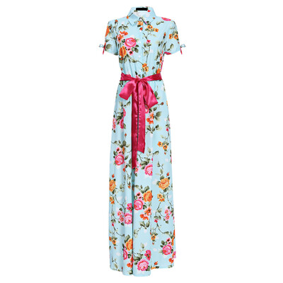 

Trendy Shirt Collar Short Sleeve Floral Print Tie Maxi Dress for Women