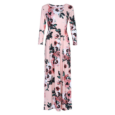 

Trendy Round Collar 34 Sleeve Floral Print Pocket Women Maxi Dress