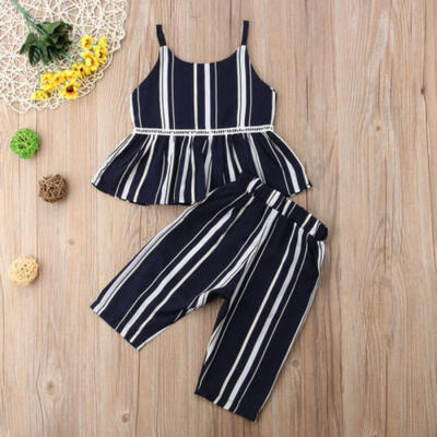 

UK Kids Baby Girl 2Pcs Striped Summer Outfits Suspender Skirt Tops Pants Clothes