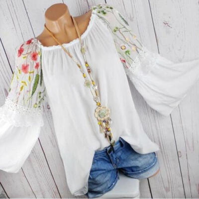 

UK Fashion Women O-Neck Blouse Floral Embroidery Lace Flare Sleeve T-shirt Tops