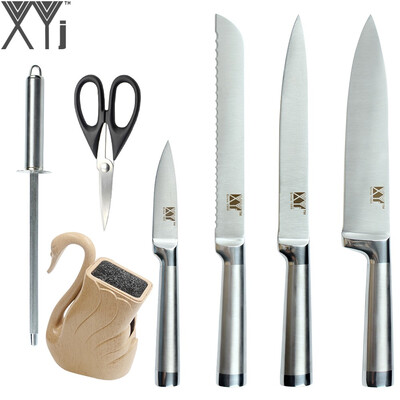 

XYj Brand Kitchen Knives Sharp Stainless Steel Knives Set Swan Random Knife Stand Sharpening Rod Scissor Cooking Tools