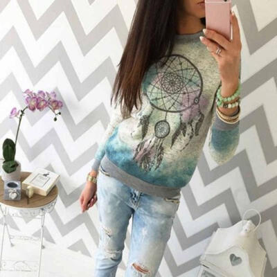 

Women Casual Feather Pattern Blouse Tops Lady Sport Leisure Jumper Pullover Coat