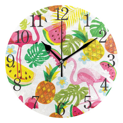 

Wall Clock Arabic Numerals Design Pink Flamingo Palm Leaves Round