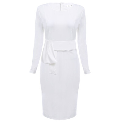 

Brief Round Collar Sash Waist Sheath Women Midi Dress