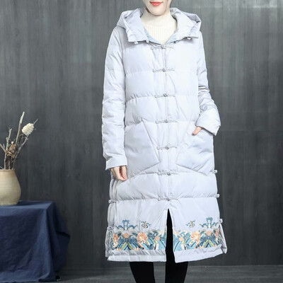 

New down jacket national wind hem embroidery retro buckle hooded long down jacket