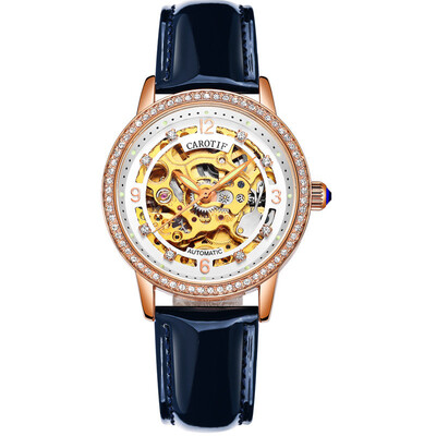 

Fashion Elegant Women Mechanical Wrist Watches Leather Watchband Automatic Clock Crystal Decoration Skeleton Dial