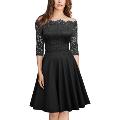 

Women Knee Length Lace Vintage Solid Color Cotton Formal Dresses