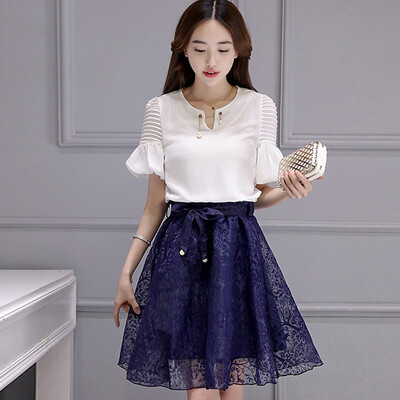 

Сибайские дома 2017 лето Корейский простой pompry юбка юбка сладкий темперамент с коротким рукавом рубашка мода платье костюм женщина S62X0035A678M на белом под синим M