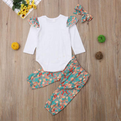 

Newborn Baby Boys Girls Cotton Romper Tops Floral Long Pants 3Pcs Outfits