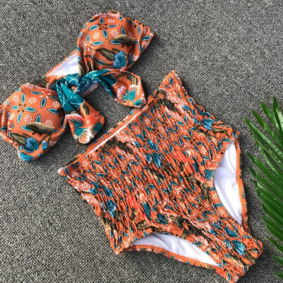 

Womens split swimsuit seersucker print knotted high waist bikini