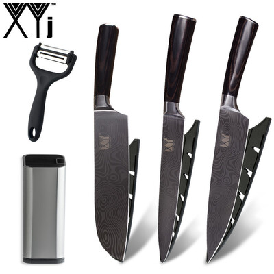 

XYj Japanese stainless steel Kitchen Knives Imitation Damascus Pattern Kitchen Knife 8 inch Knife Holder Peeler