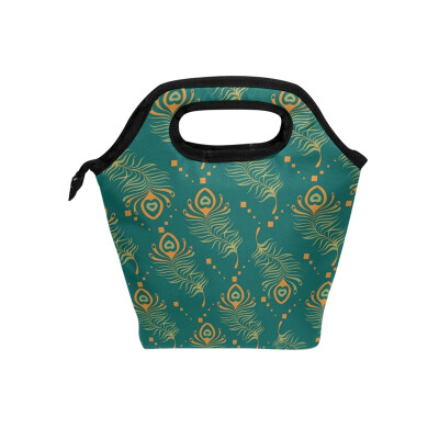 

Lunch Tote Bag Green Feather Travel Picnic Insulated Lunch Handbags Portable Zipper Lunch Bag Box