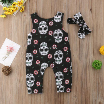 

Canis 2Pcs Newborn Baby Boys Girls Skull Romper Jumpsuit Headband Outfit Clothes