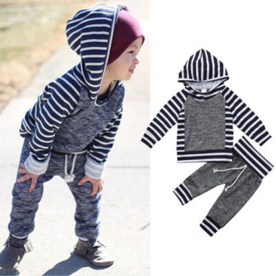 

AU Newborn Baby Boys Girls Hooded Top T-shirt Striped Pants Outfit Clothes Set