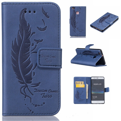 

Blue Plumes and birds Embossed PU Leather Wallet Case Classic Flip Cover with Stand Function and Credit Card Slot for HUAWEI P9 Li
