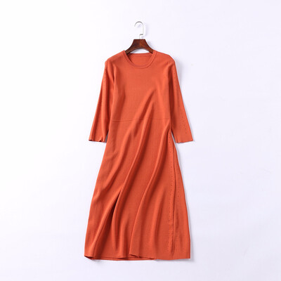 

Women Dress Female Skirt Seven-point Sleeves Round Neck A-line Knit Bottom Skirt