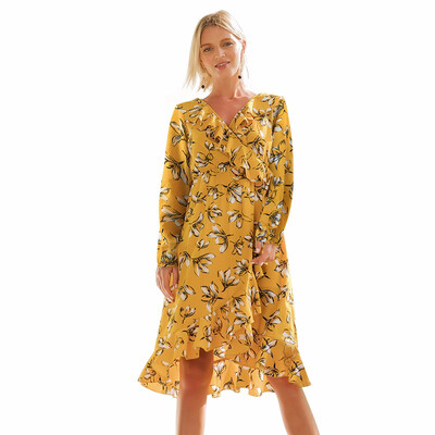 

Printed Long Dress V-neck Slim Long-sleeved Holiday Beach Skirt
