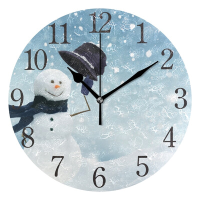 

Wall Clock Arabic Numerals Design Happy Snowman Standing Winter Round