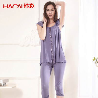 

Han Choi HACAI pajamas summer short sleeves Modal Ms pure color round neck loose home clothing suit blue 17095 XL