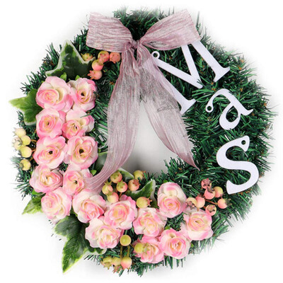

UpperX Christmas Wreath1pc 30 Pink Rose Mas Berry Green Leaf Elements Decor Door Wall Ornament Christmas Home Decor Pink 30cm