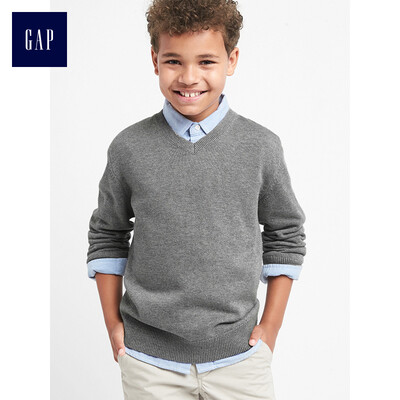 

GAP flagship store boys college wind V-neck long-sleeved sweater childrens bottoming sweater 731521 autumn light gray S
