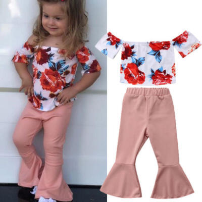 

Summer Kids Baby Girl Flower Off-shoulder Top T shirtBell Bottoms Outfits Set