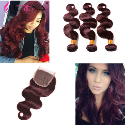 

7A HOT Brazilian Virgin Hair With Closure Red Wine Burgundy 99J Color Body Wave With Closure Human Hair Weave With Closure 3pcs