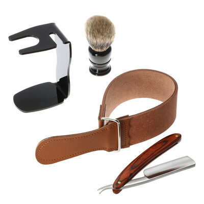

4 in 1 Straight Razor Shaving Brush Brush Stand Leather Strop Strap Mans Shaving Brush Set Razor Tools Kit
