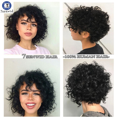 

Short Curly Bob Wave Brazilian Virgin human hair Wigs Lace Front Wigs Gluelessfull lace wigsNatural Color for Black Women7senwid