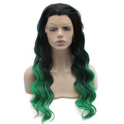 

Long Wavy Hand Tied Lace Front Ombre Black Green Two Tone Wig