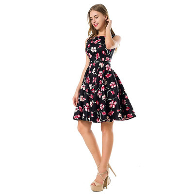 

Vintage Womens Party Dress Summer Belted Fit Flare Print Floral Swing O Neck Polka Dots Female Robe Dresses